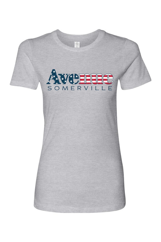 Women's heather gray cotton t-shirt featuring a vintage American flag print of Avenue Somerville text.