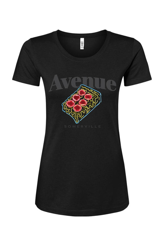 Black women's cotton blend t-shirt featuring a neon-style pizza slice graphic and Avenue Somerville branding.
