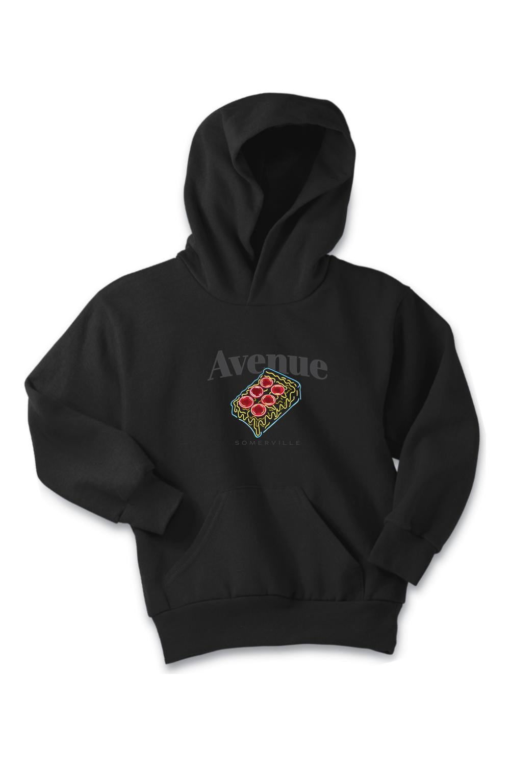 Black kid's hoodie featuring a neon-style pizza slice graphic and Avenue Somerville text on the chest.