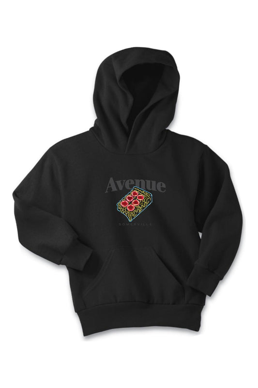Black kid's hoodie featuring a neon-style pizza slice graphic and Avenue Somerville text on the chest.
