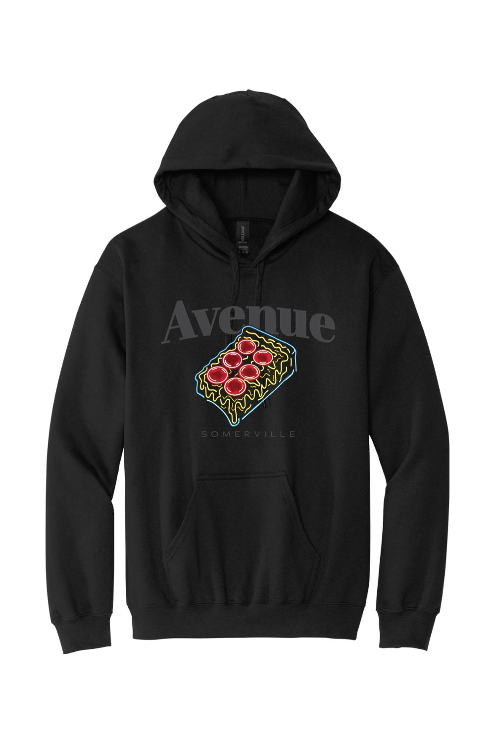 Black standard hoodie featuring a neon-style pizza slice graphic and Avenue Somerville branding on the chest.