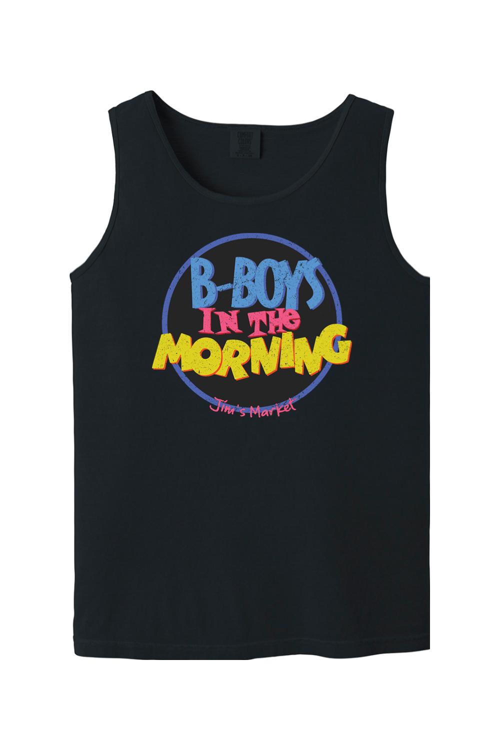 Black Comfort Colors tank top featuring a retro B-Boys In The Morning graphic in blue, pink, and yellow.
