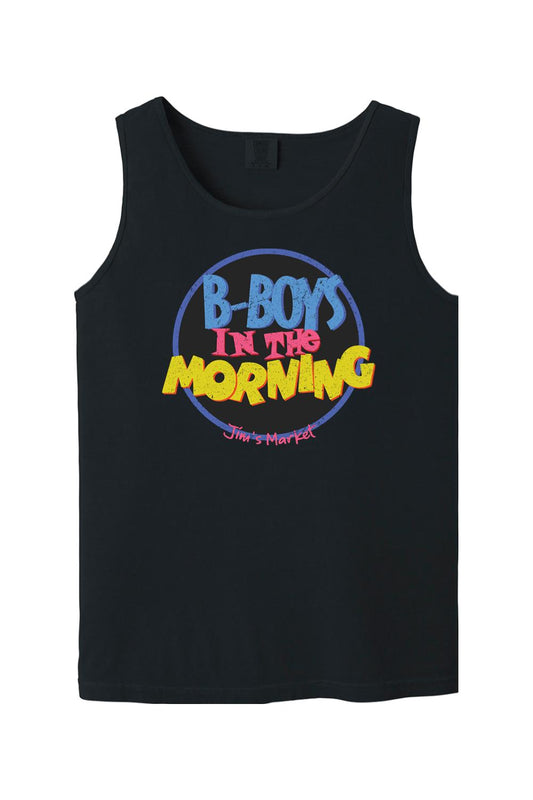 Black Comfort Colors tank top featuring a retro B-Boys In The Morning graphic in blue, pink, and yellow.