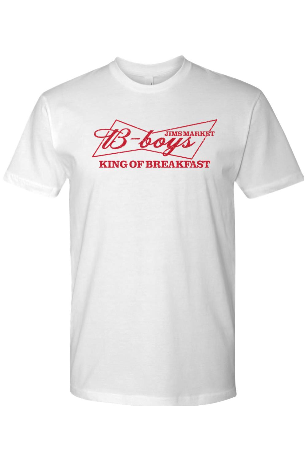 White 100% cotton unisex premium fit t-shirt featuring a red B-Boys King of Breakfast graphic logo on the chest.