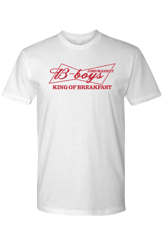 White 100% cotton unisex premium fit t-shirt featuring a red B-Boys King of Breakfast graphic logo on the chest.