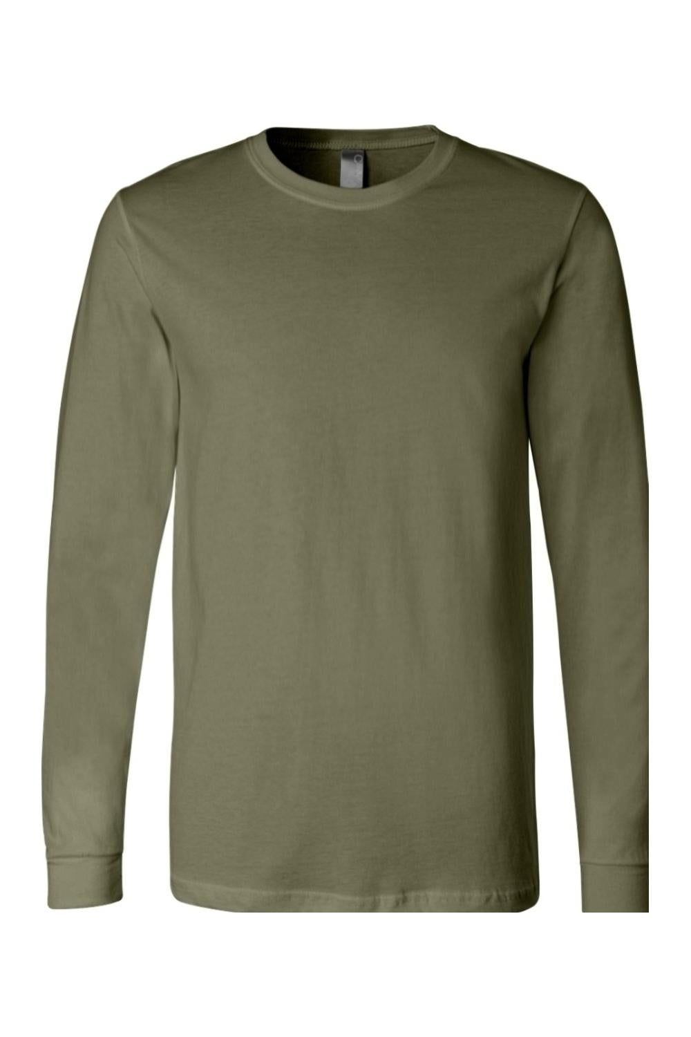 Olive green BELLA + CANVAS unisex long sleeve jersey tee with a classic crew neck and relaxed fit.