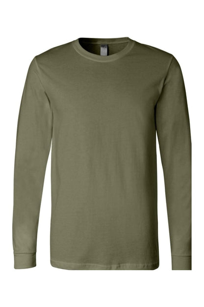 Olive green BELLA + CANVAS unisex long sleeve jersey tee with a classic crew neck and relaxed fit.