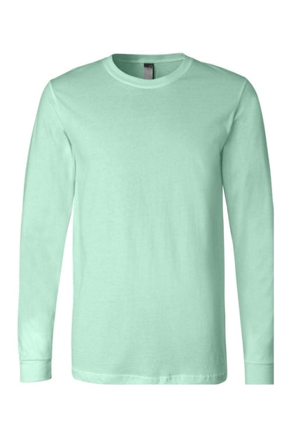 Mint green BELLA + CANVAS unisex long sleeve jersey tee with a crew neck and relaxed fit.