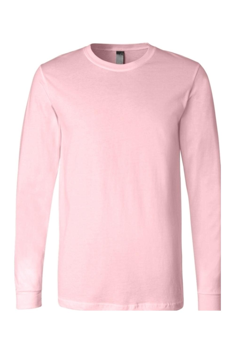 Light pink BELLA + CANVAS unisex long sleeve jersey tee with a classic crew neck and comfortable relaxed fit.