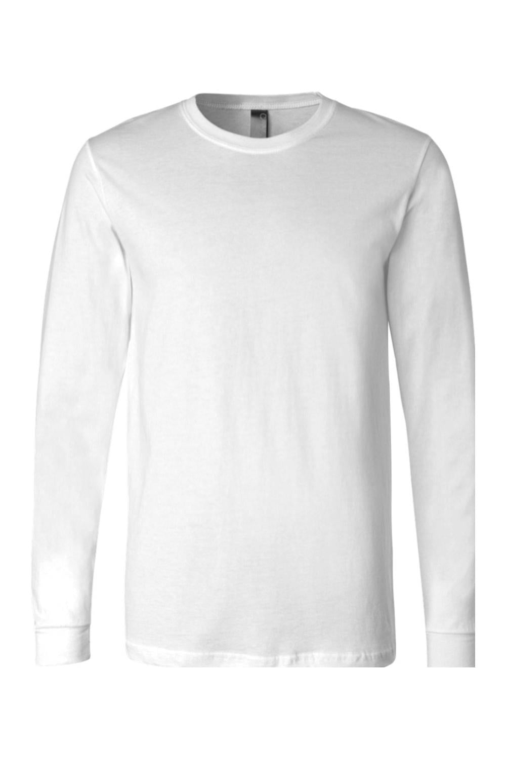 White BELLA + CANVAS unisex long sleeve jersey tee with a classic crew neck and relaxed fit.