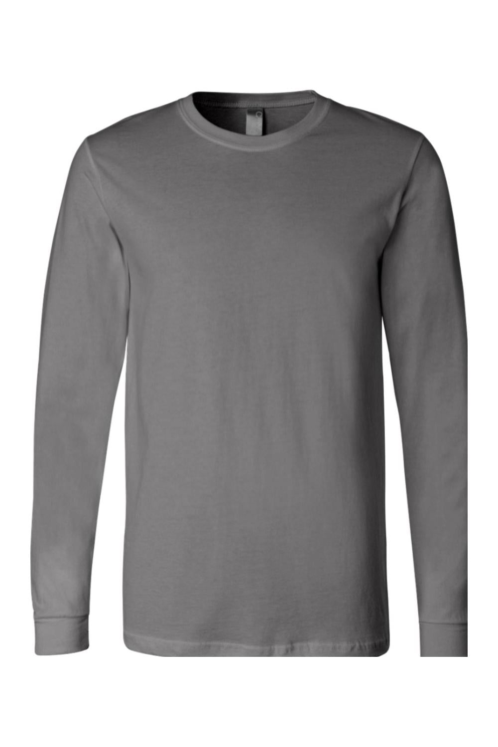 Unisex Bella + Canvas long sleeve jersey tee in charcoal grey with a classic crew neck and comfortable relaxed fit.