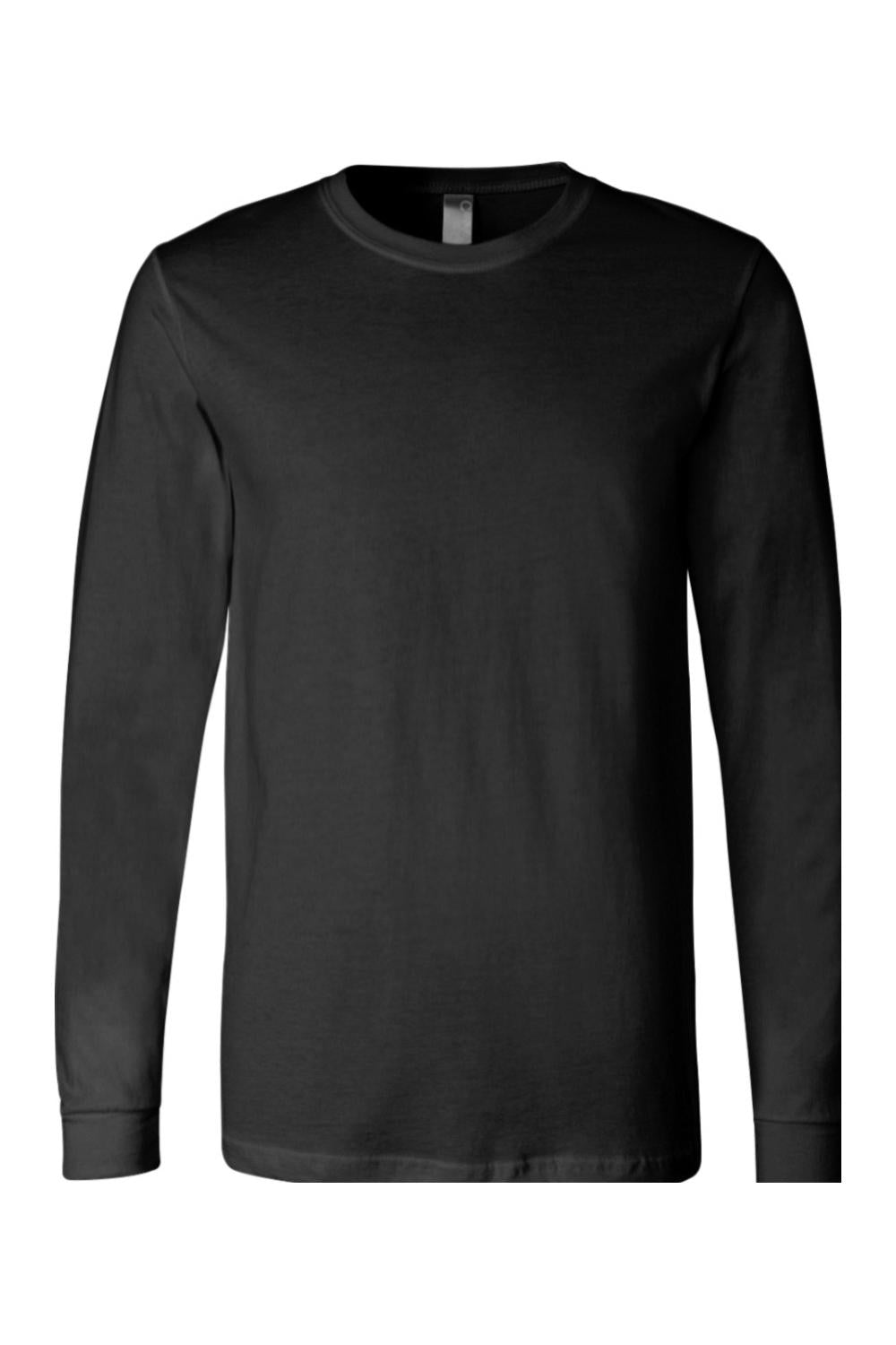 Black BELLA + CANVAS unisex long sleeve jersey tee with a classic crew neck and comfortable, relaxed fit.