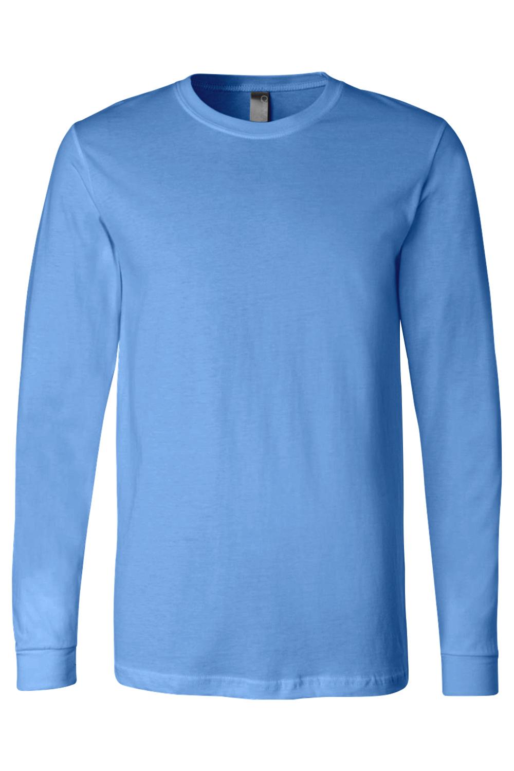 Light blue Bella + Canvas unisex long sleeve jersey tee with a classic crew neck and comfortable relaxed fit.