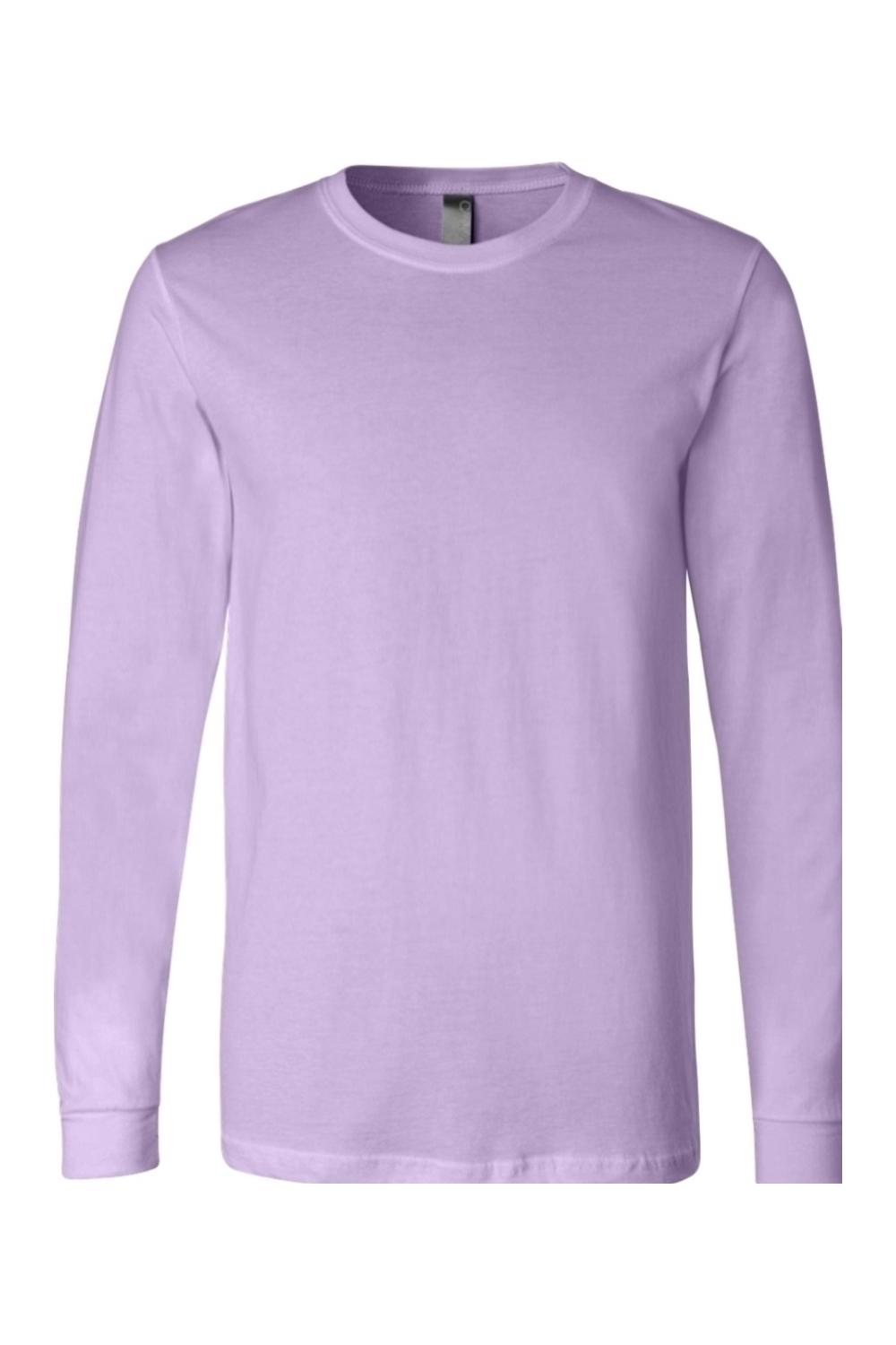 Light purple BELLA + CANVAS unisex long sleeve jersey tee with a classic crew neck and comfortable relaxed fit.