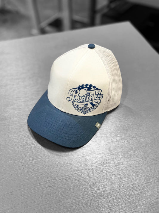 Blue and white colorblock BarTop Tees snapback hat with breathable mesh back panels and a front graphic logo.