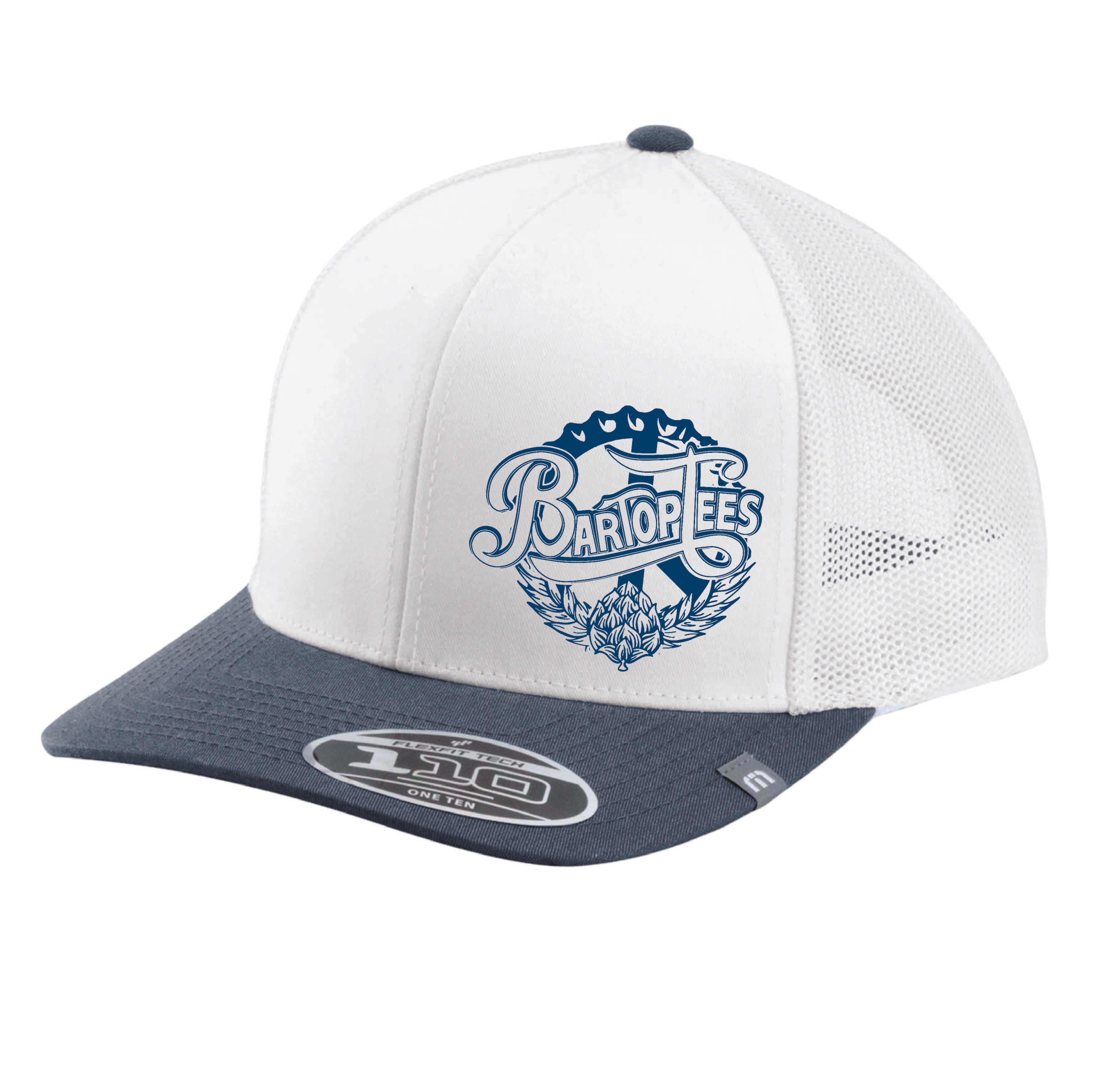 Blue and white colorblock BarTop Tees snapback hat with breathable mesh back panels and Flexfit 110 technology.