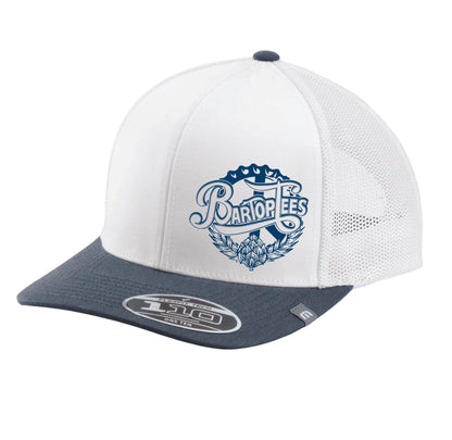 Blue and white colorblock BarTop Tees snapback hat with breathable mesh back panels and Flexfit 110 technology.