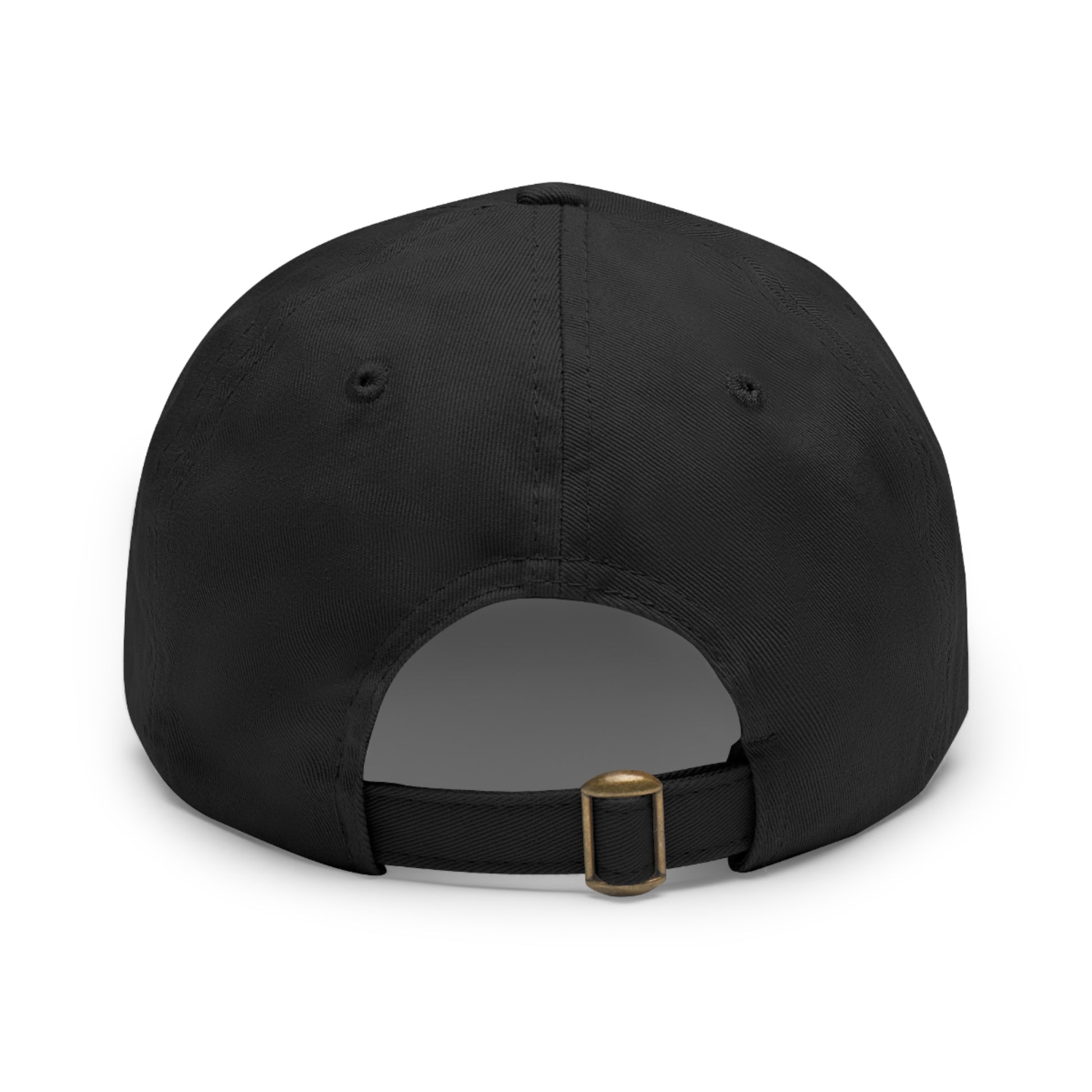Back view of a black bio-washed chino twill dad hat with an adjustable strap and antique brass buckle.