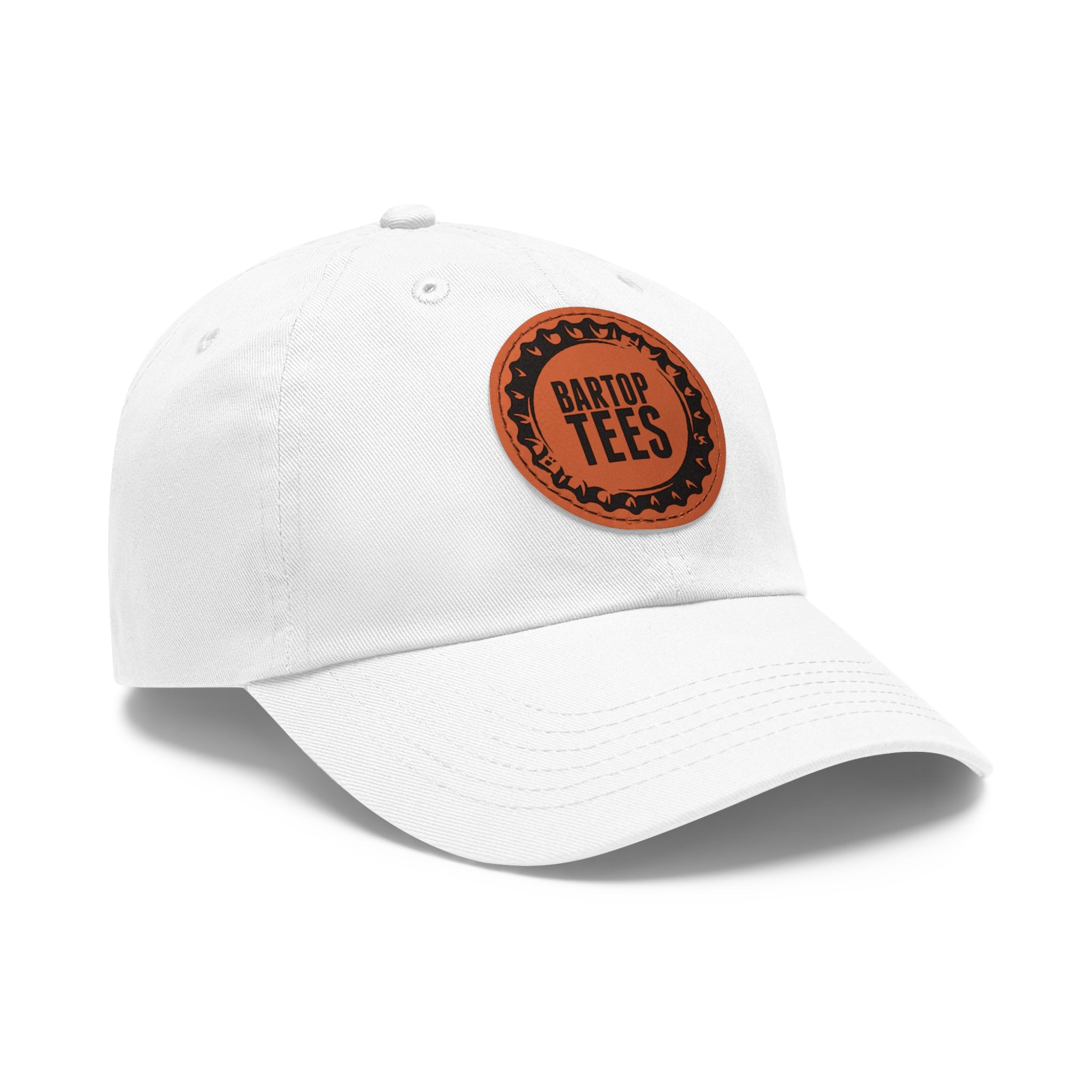 White unstructured dad hat with a brown circular leather patch featuring the Bartop Tees logo and a pre-curved bill.