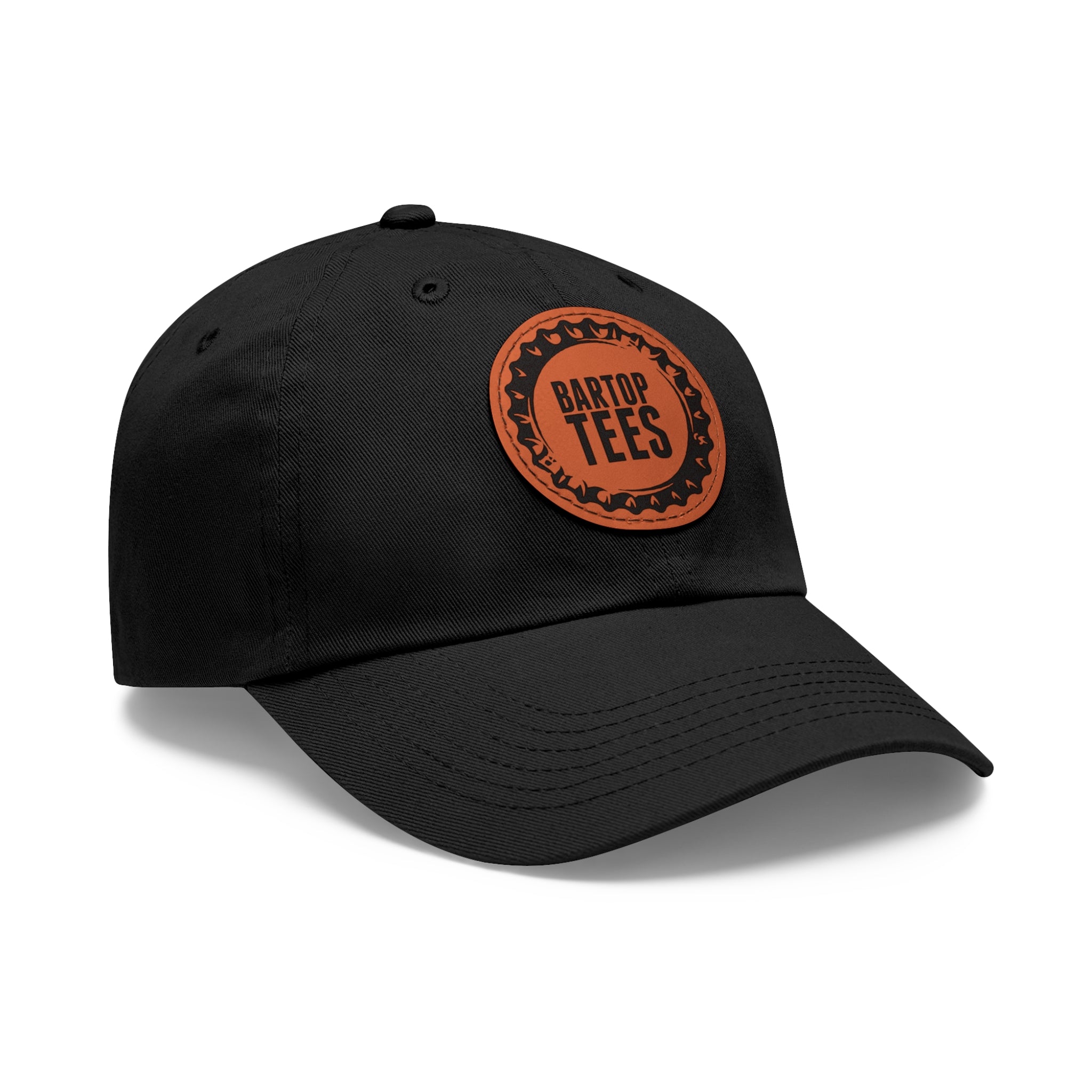 Black unstructured dad hat with a brown circular leather patch featuring the Bartop Tees logo and a pre-curved bill.