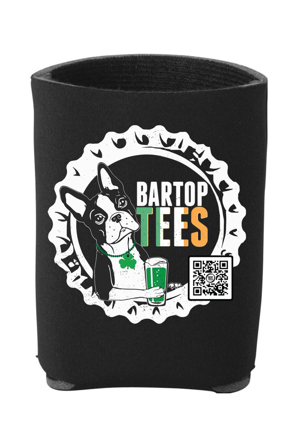Black neoprene can cooler featuring a Boston Terrier graphic, Irish shamrock, and BarTop Tees logo design.