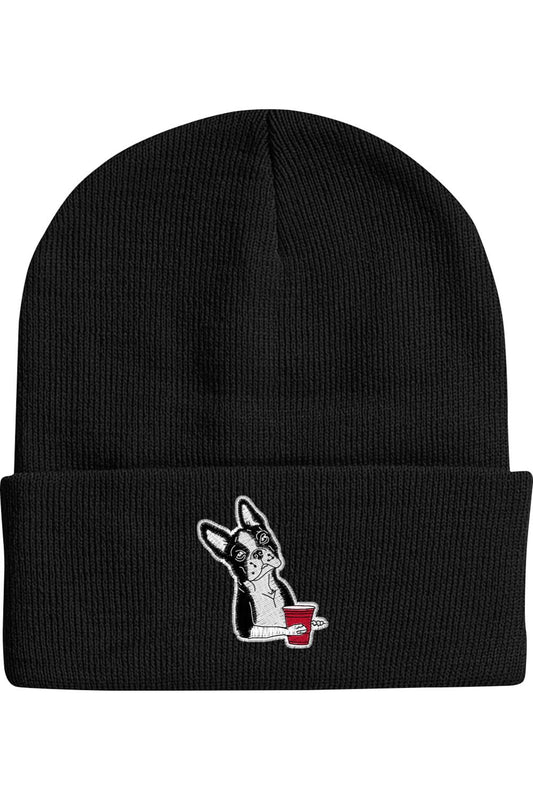 Black knit beanie featuring an embroidered Boston Terrier holding a red party cup on the folded cuff.