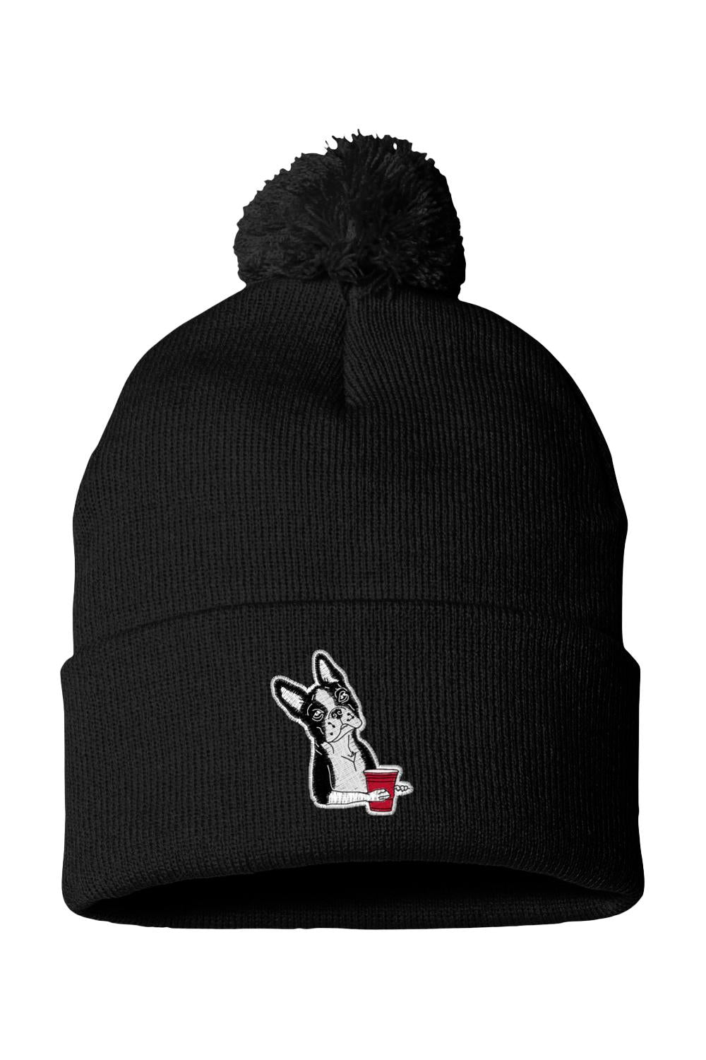 Black knit beanie with a pom-pom, featuring an embroidered Boston terrier holding a red party cup.