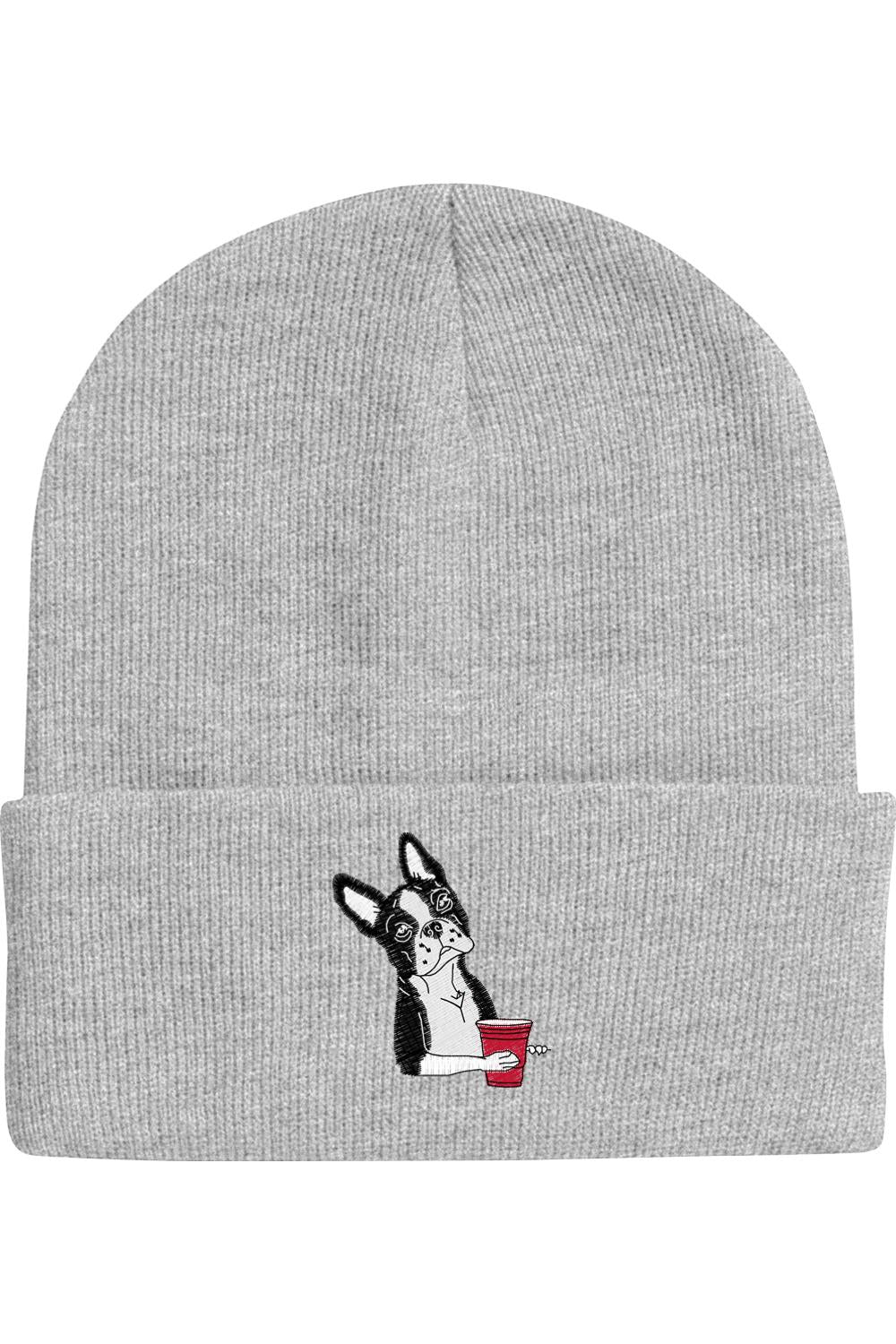 Grey knit beanie featuring an embroidered Boston Terrier holding a red party cup on the folded cuff.
