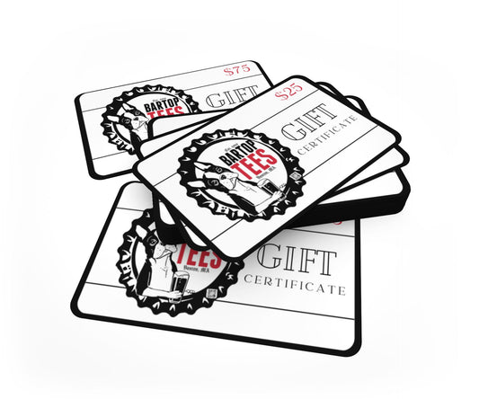 Stack of white BarTopTees gift cards featuring a black and red Boston terrier logo inside a bottle cap design.