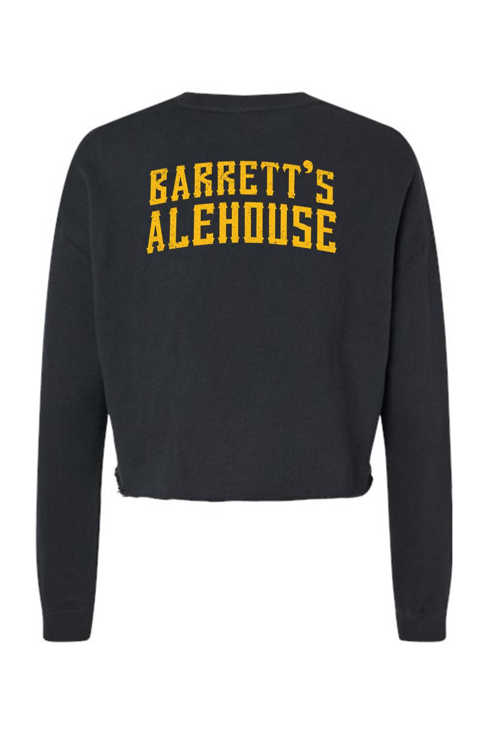 Black cropped crewneck sweatshirt with Barrett's Alehouse logo in gold lettering on the back.