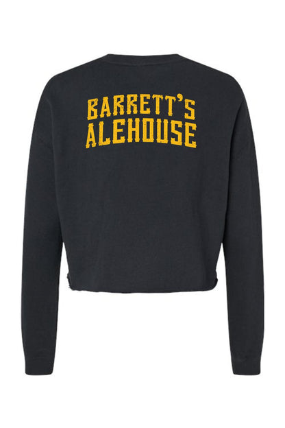 Black cropped crewneck sweatshirt with Barrett's Alehouse logo in gold lettering on the back.