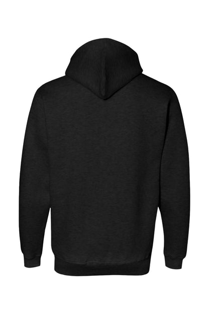 Back view of a black premium cotton-blend hoodie with a cozy hood and long sleeves.