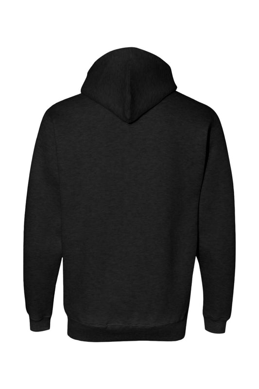 Back view of a black premium cotton-blend hoodie with a cozy hood and long sleeves.