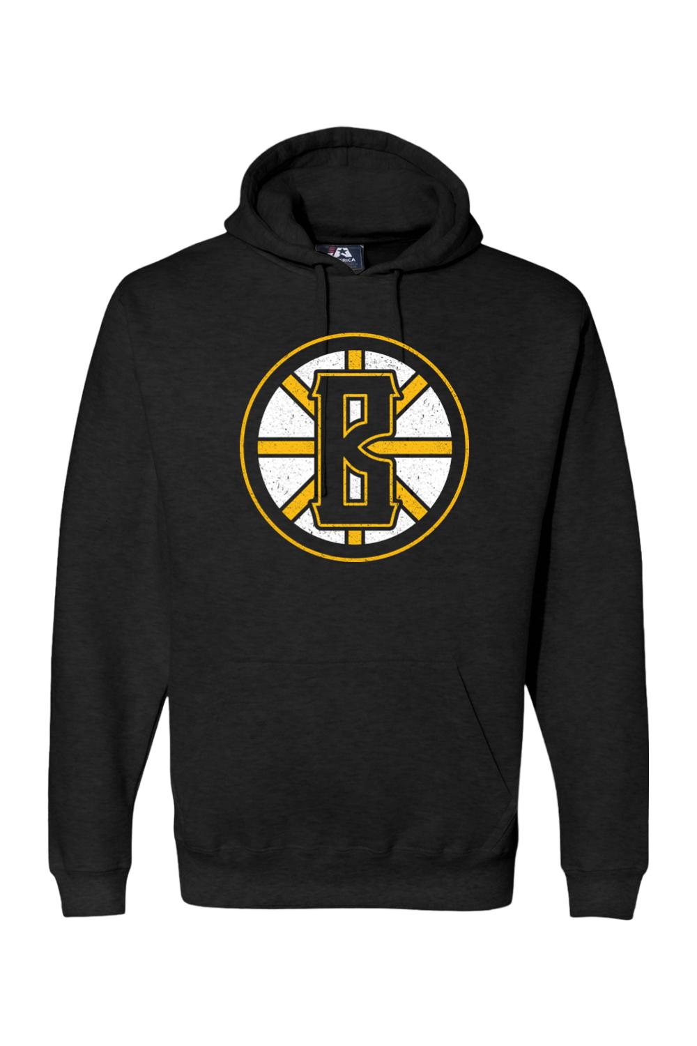Black premium hoodie featuring a distressed gold and white B logo on the chest with a drawstring hood and pocket.