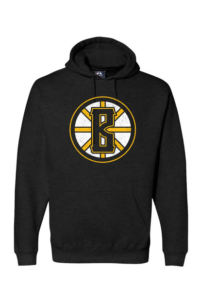 Black premium hoodie featuring a distressed gold and white B logo on the chest with a drawstring hood and pocket.