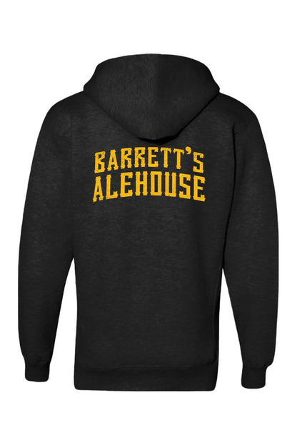 Black cotton-blend zip-up hoodie featuring the Barrett's Alehouse logo in gold lettering on the back.