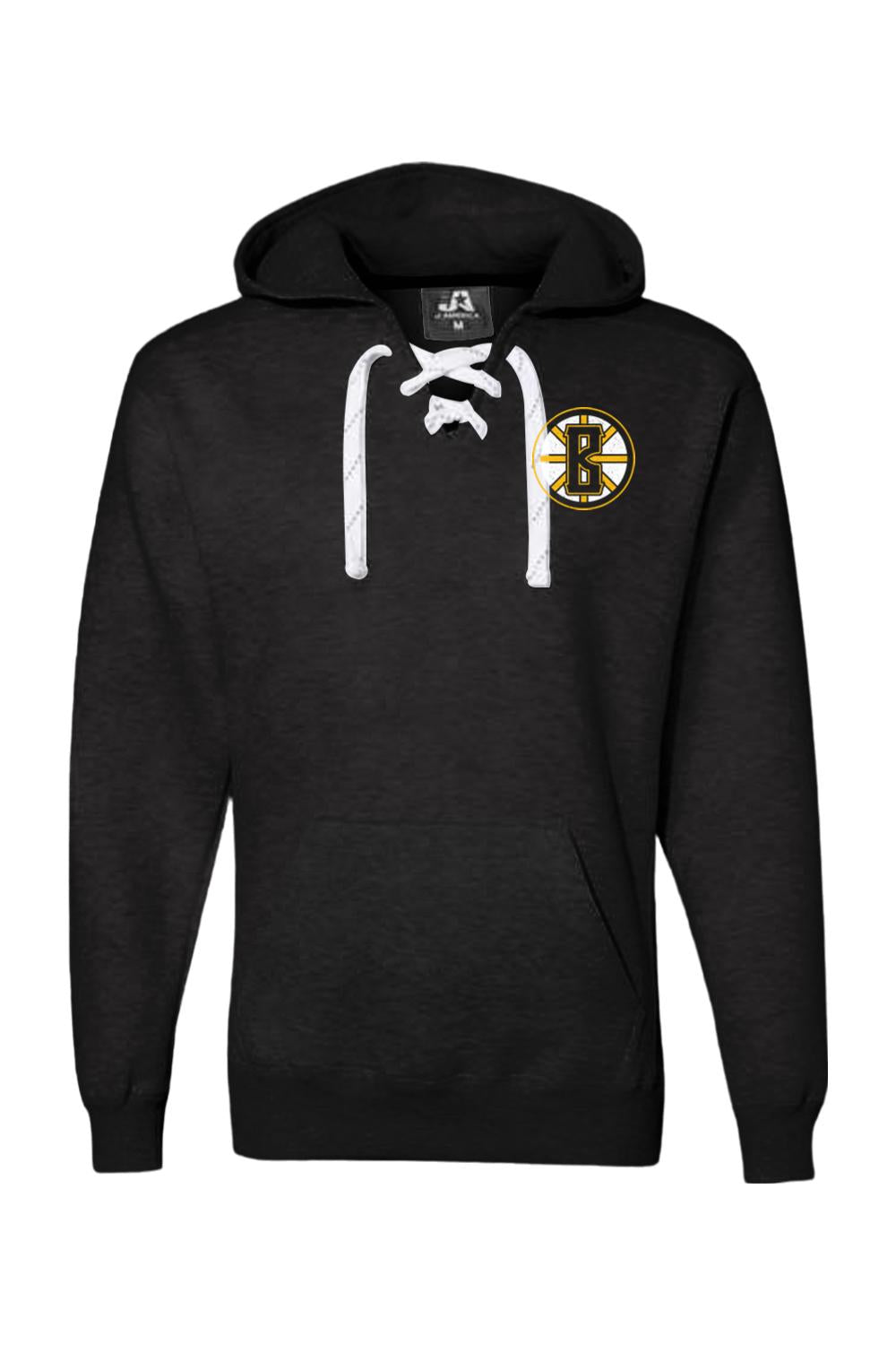 Black cotton-blend sport lace hoodie featuring a white lace-up neck and Barrett's Alehouse gold and black logo.