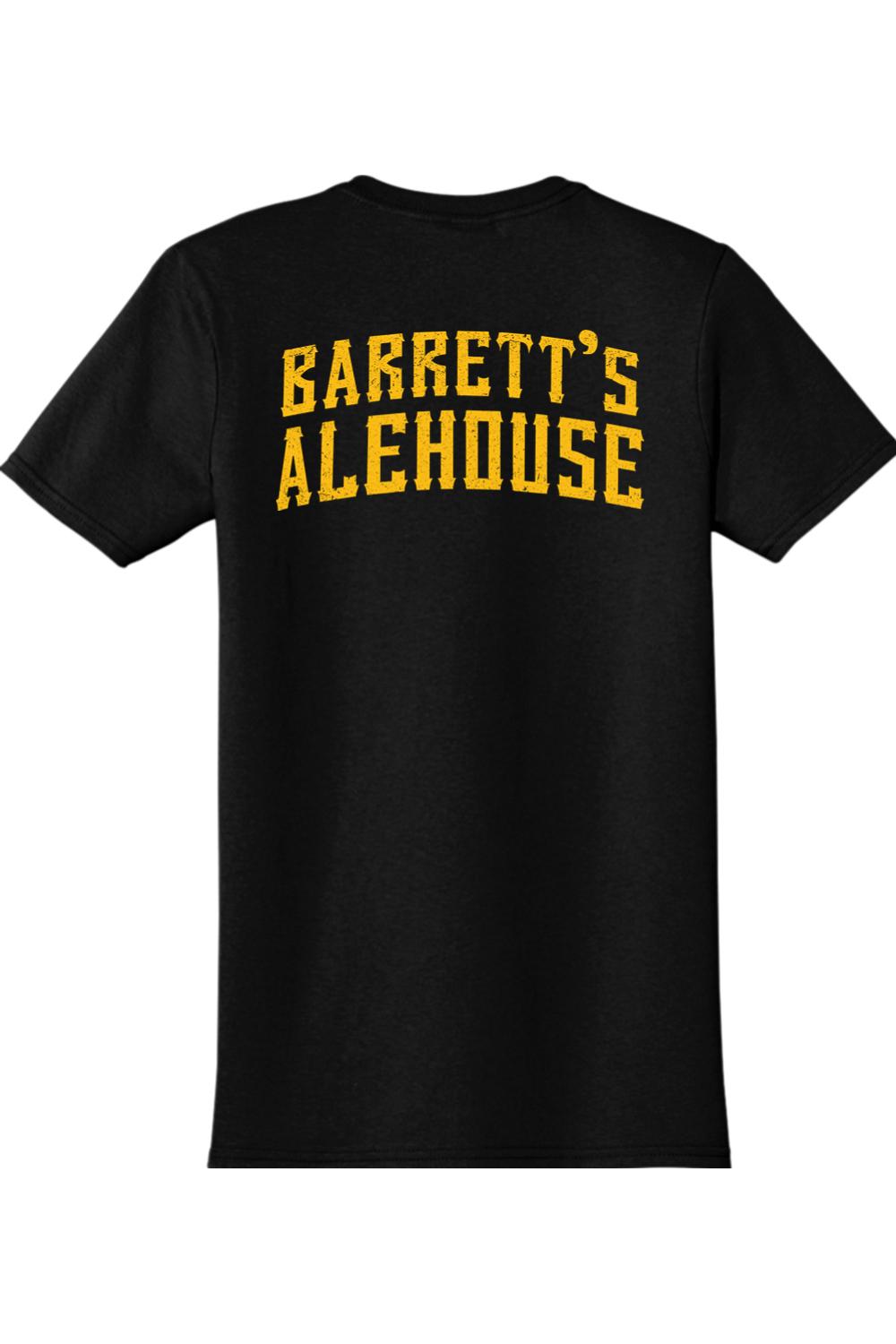 Black 100% ring-spun cotton t-shirt featuring the Barrett's Alehouse logo in distressed gold lettering on the back.