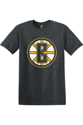 Soft black heather ring-spun cotton t-shirt featuring a distressed gold and white Barrett's Alehouse logo graphic.