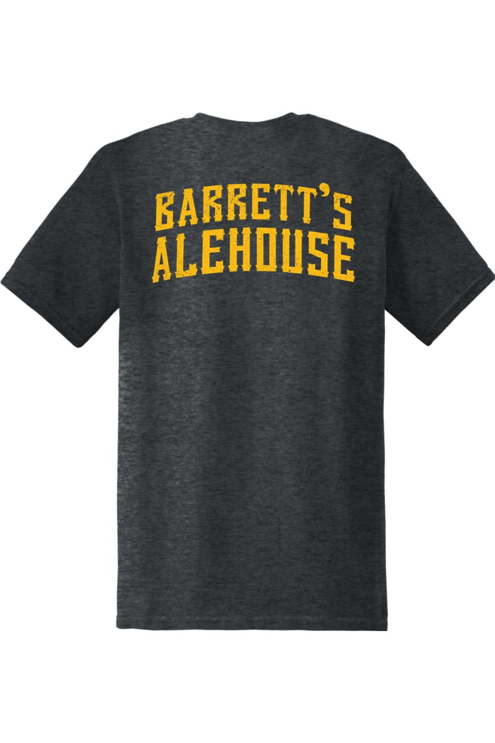 Black ring-spun cotton t-shirt featuring the Barrett's Alehouse logo in distressed gold lettering on the back.