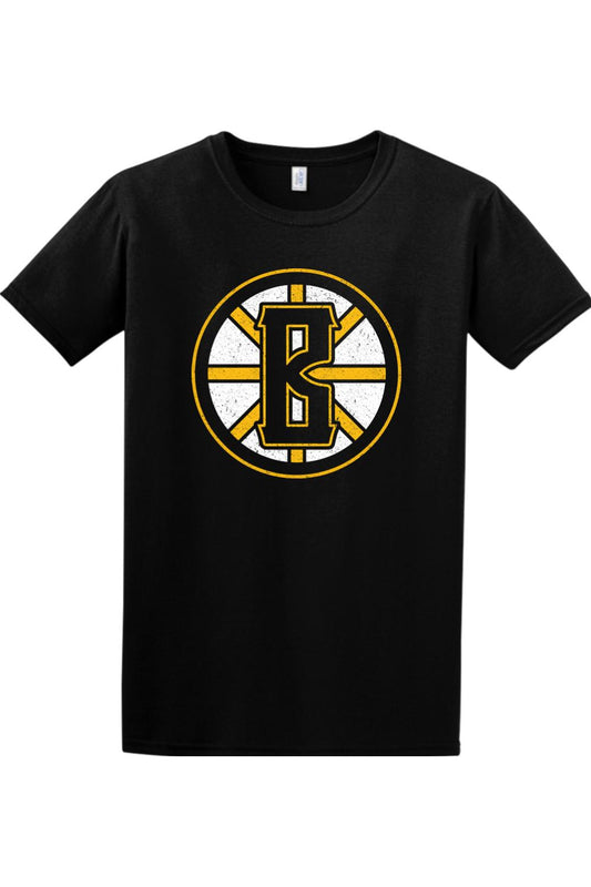 Black ring-spun cotton t-shirt featuring a distressed gold and white circular B logo on the chest.