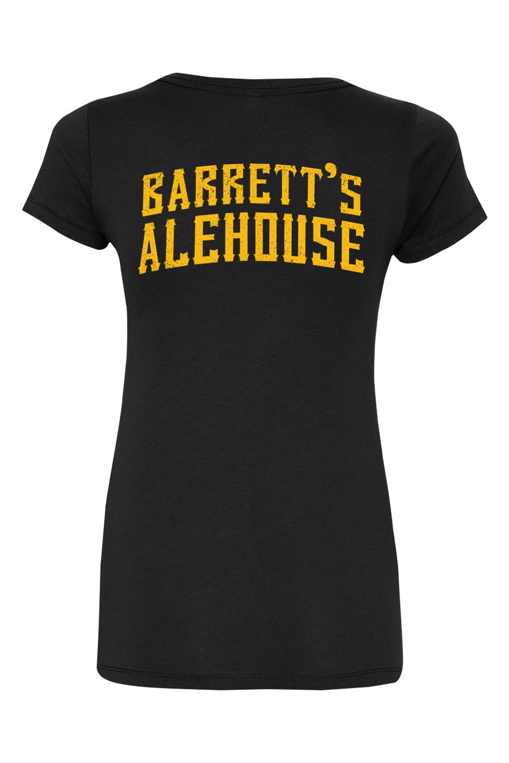 Black women's v-neck t-shirt with gold Barrett's Alehouse logo print in a soft cotton-poly blend.