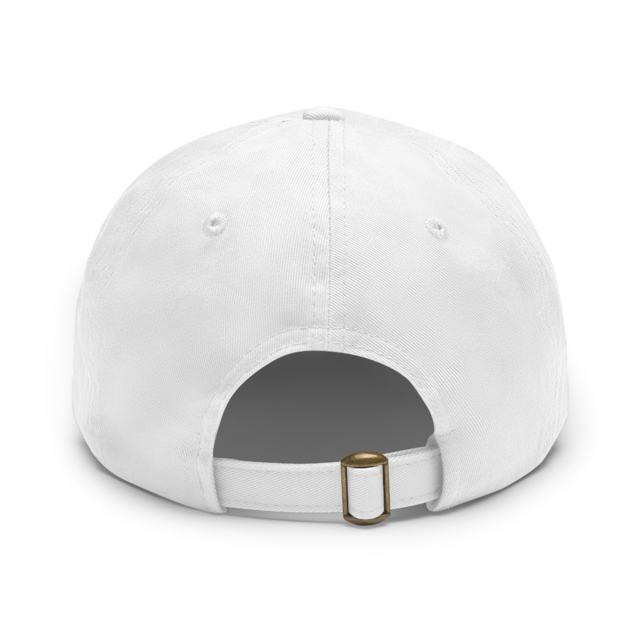 Back view of a white bio-washed chino twill dad cap with an adjustable brass buckle strap.