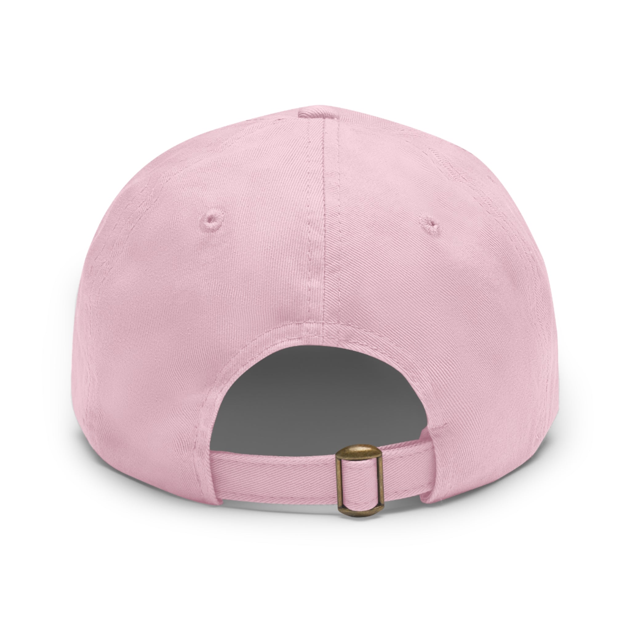 Back view of a light pink bio-washed chino twill dad cap with an adjustable antique brass buckle strap.