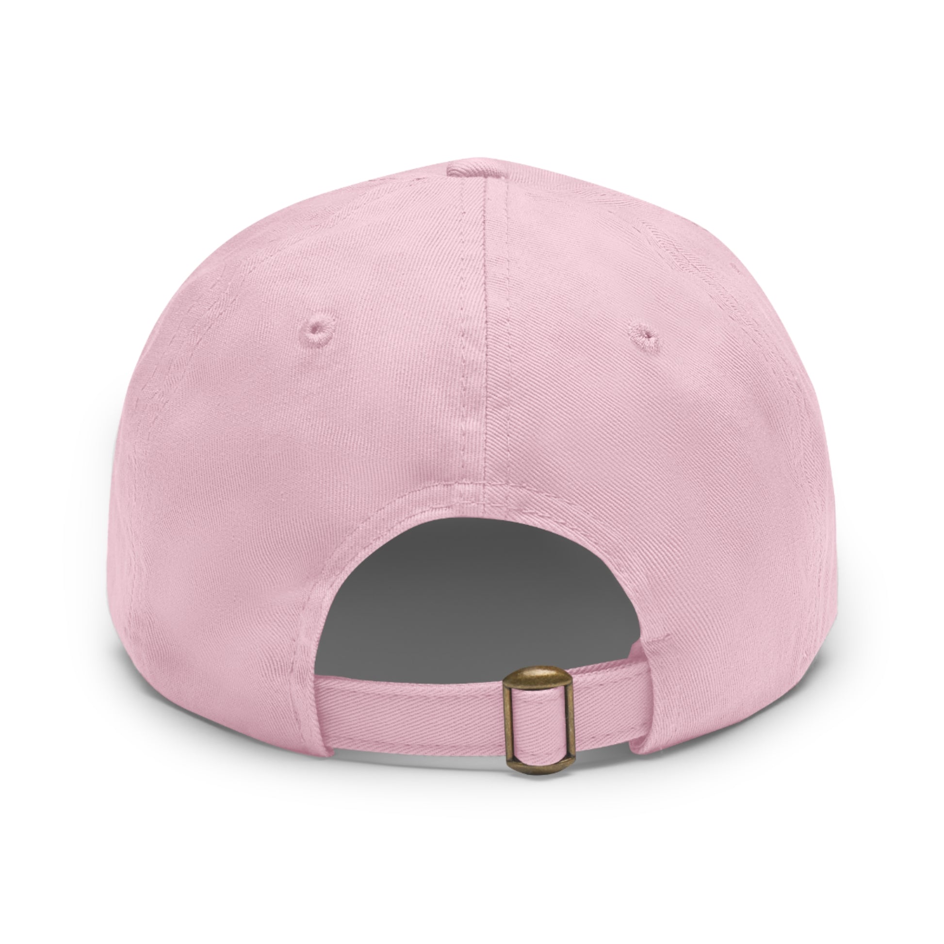 Back view of a light pink bio-washed chino twill dad cap with an adjustable antique brass buckle strap.