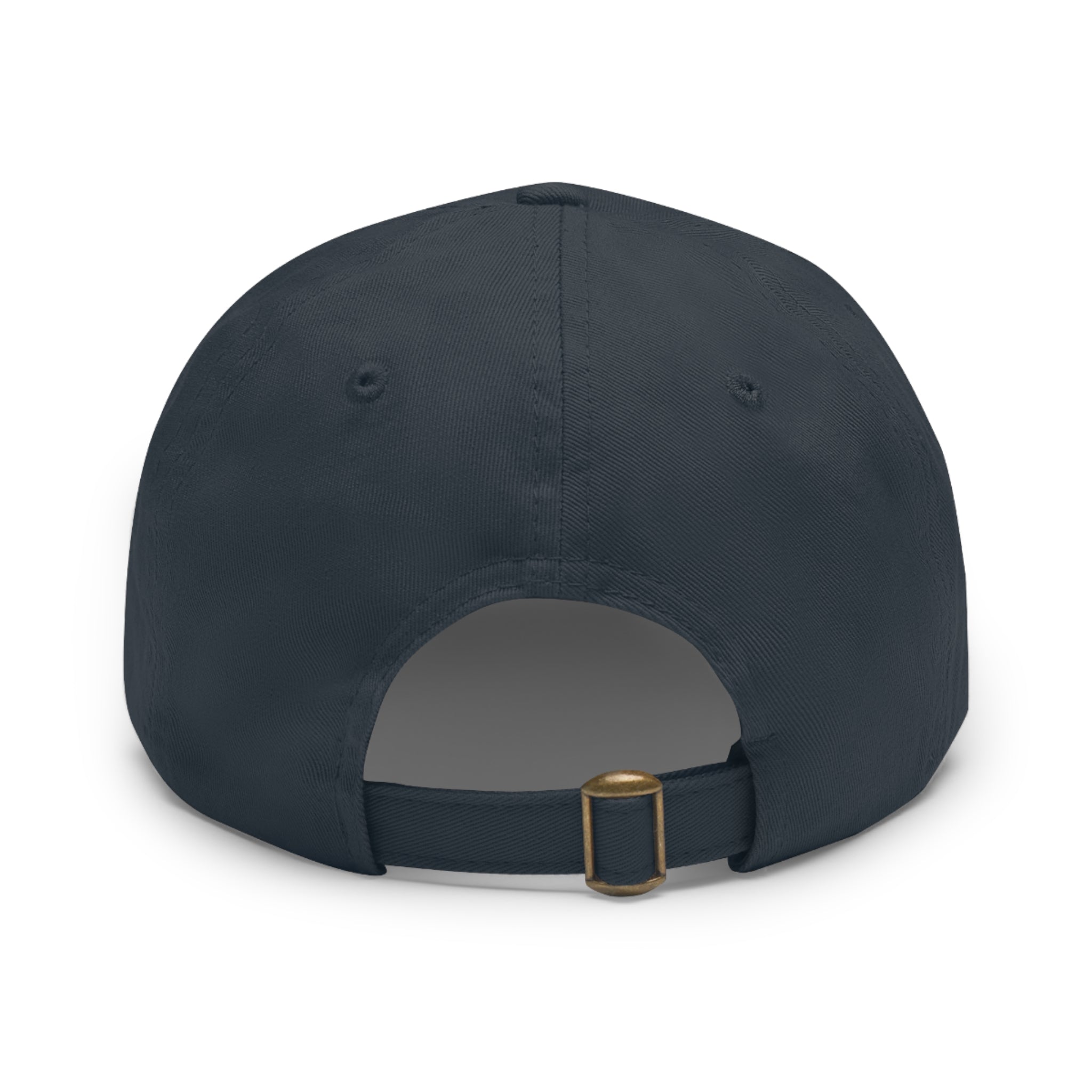 Back view of a navy blue bio-washed chino twill dad cap featuring an adjustable strap with a brass buckle.