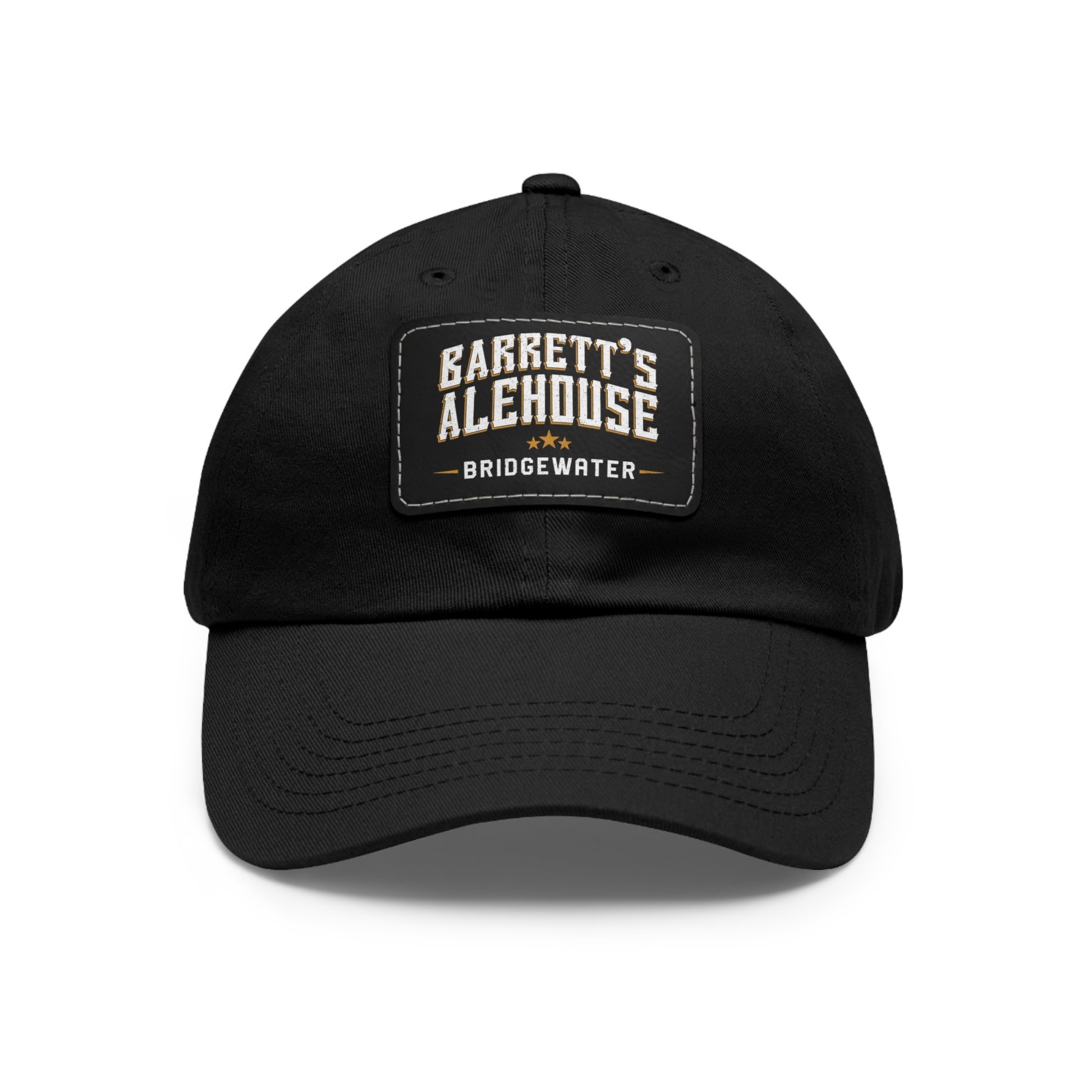 Black bio-washed chino twill dad cap featuring a rectangular faux leather patch with Barrett's Alehouse Bridgewater logo.