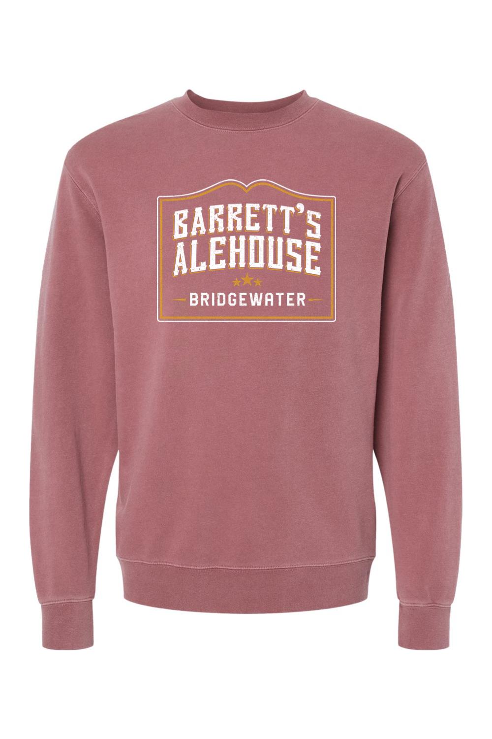Dusty rose pigment-dyed crewneck sweatshirt featuring a white and gold Barrett's Alehouse Bridgewater logo graphic.