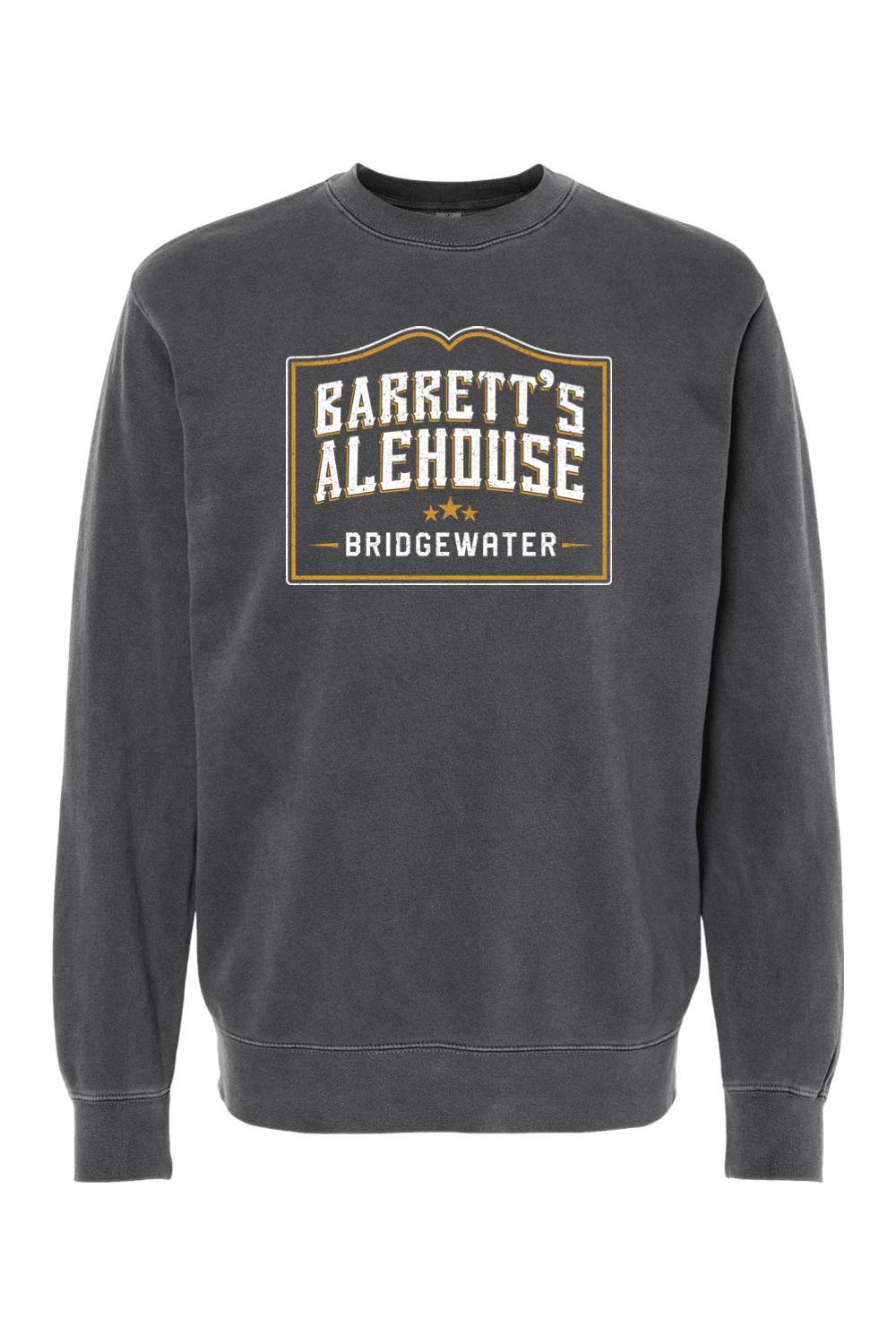Charcoal pigment-dyed crewneck sweatshirt featuring a Barrett's Alehouse Bridgewater logo graphic on the chest.