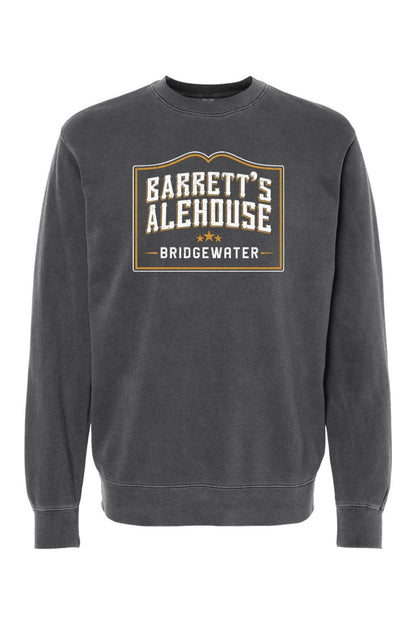 Charcoal pigment-dyed crewneck sweatshirt featuring a Barrett's Alehouse Bridgewater logo graphic on the chest.